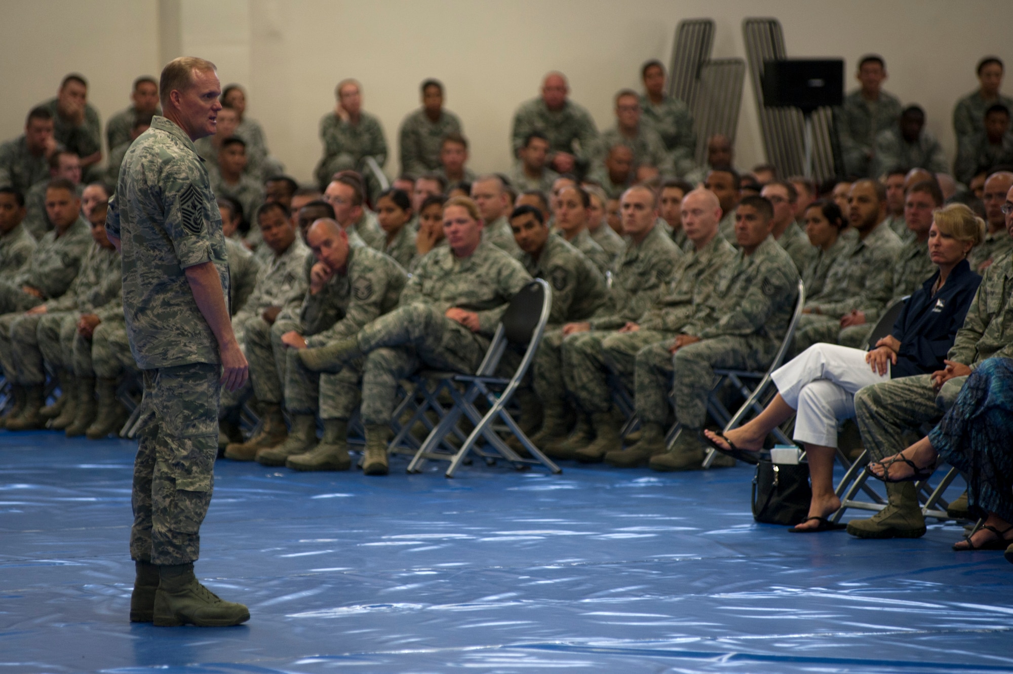 Chief Master Sgt. of the Air Force, James A. Cody, speaks with Vandenberg Airmen during an all-call, July 8, 2014, Vandenberg Air Force Base, Calif. Cody thanked the Airmen for their service and answered questions on the new feedback system, future E-7 promotion boards, and special duty requirements and selections. (U.S. Air Force photo by Michael Peterson/Released)