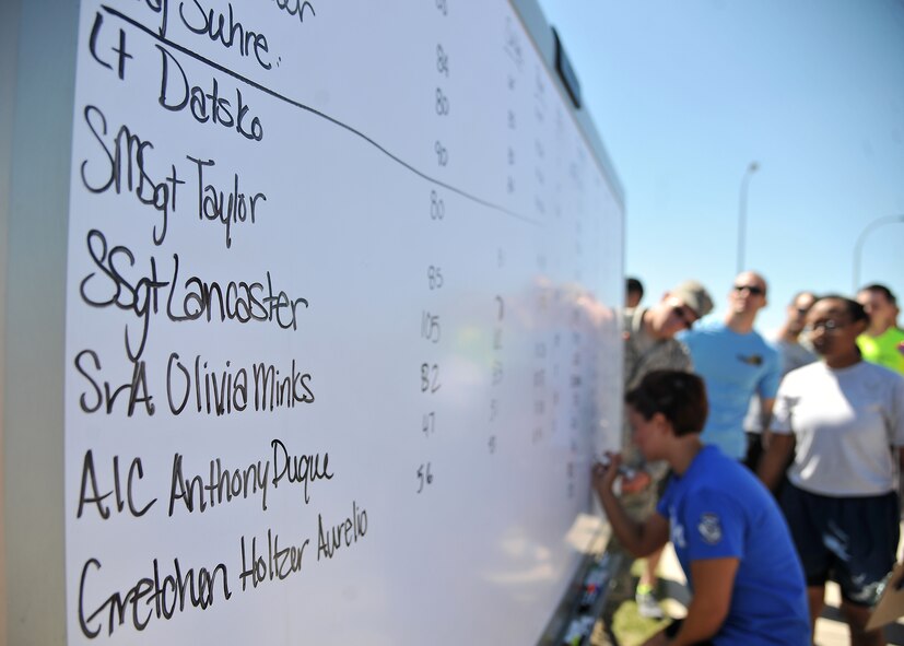 Senior Airman Olivia Minks, 319th Communications Squadron commander support staff, records the numbers of repetitions that competitors completed during the Triple 8 Fitness Challenge on July 9, 2014, on Grand Forks Air Force Base, North Dakota. The Triple 8 Fitness Challenge is a premier fitness event designed to test the conditioning limits of Air Force athletes and to distinguish an elite group that sets the fitness standard. (U.S. Air Force photo/Senior Airman Xavier Navarro) 

