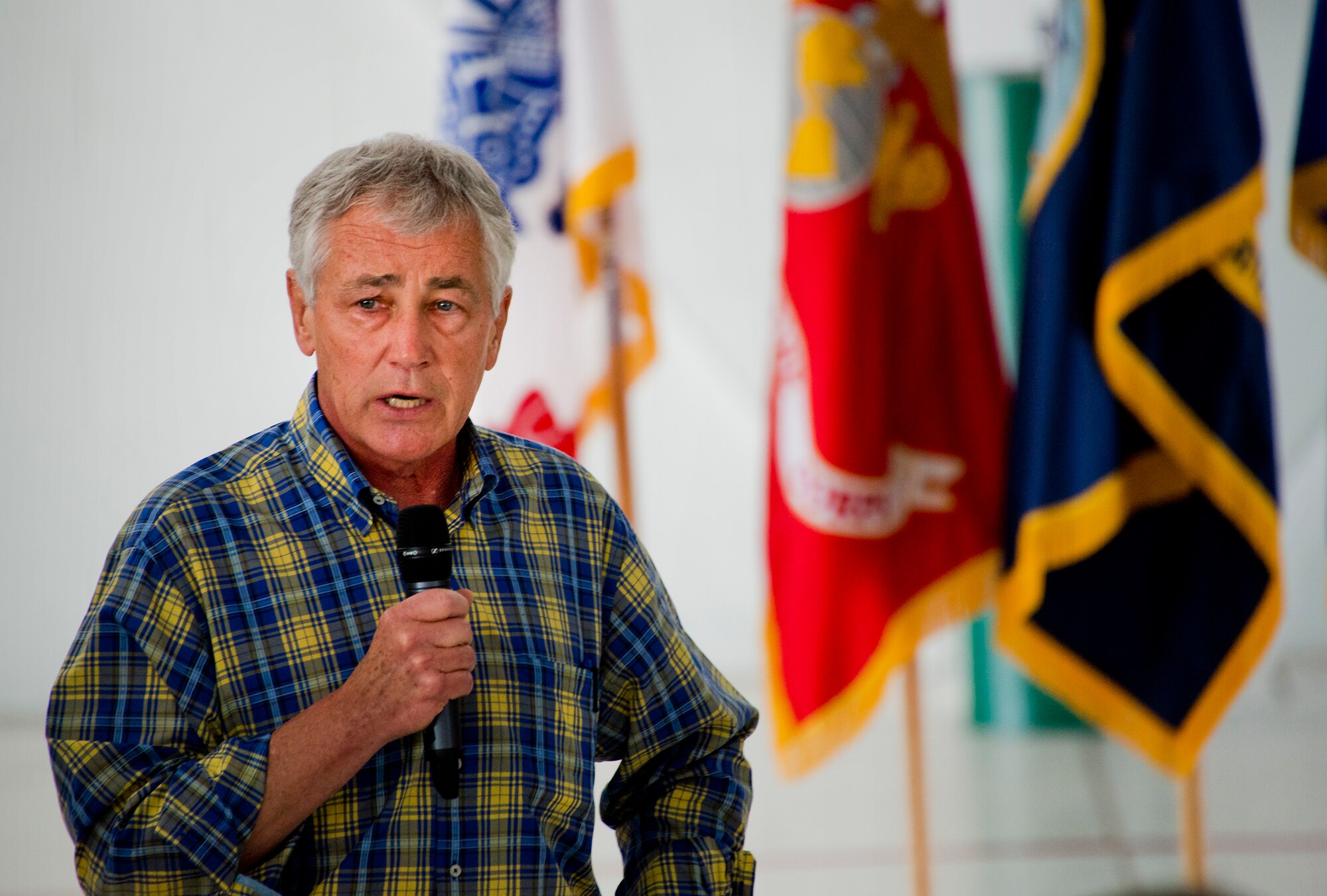 Defense Secretary Chuck Hagel addresses 33rd Fighter Wing service members during a troop call July 10 at Eglin Air Force Base, Fla.  Hagel visited the base to tour the wing and the F-35 Lightning II integrated training center.  During his tour, he held a 45-minute troop call to praise the work of the service members who began and continue to improve the DOD’s newest fighter program.  (U.S. Air Force photo/Samuel King Jr.)