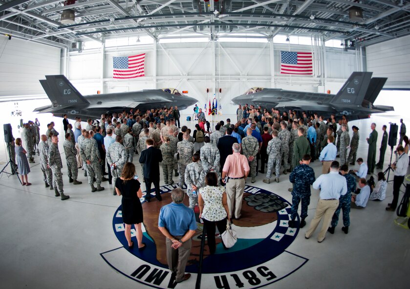 Defense Secretary Chuck Hagel addresses 33rd Fighter Wing service members during a troop call July 10 at Eglin Air Force Base, Fla.  Hagel visited the base to tour the wing and the F-35 Lightning II integrated training center.  During his tour, he held a 45-minute troop call to praise the work of the service members who began and continue to improve the DOD’s newest fighter program.  (U.S. Air Force photo/Samuel King Jr.)