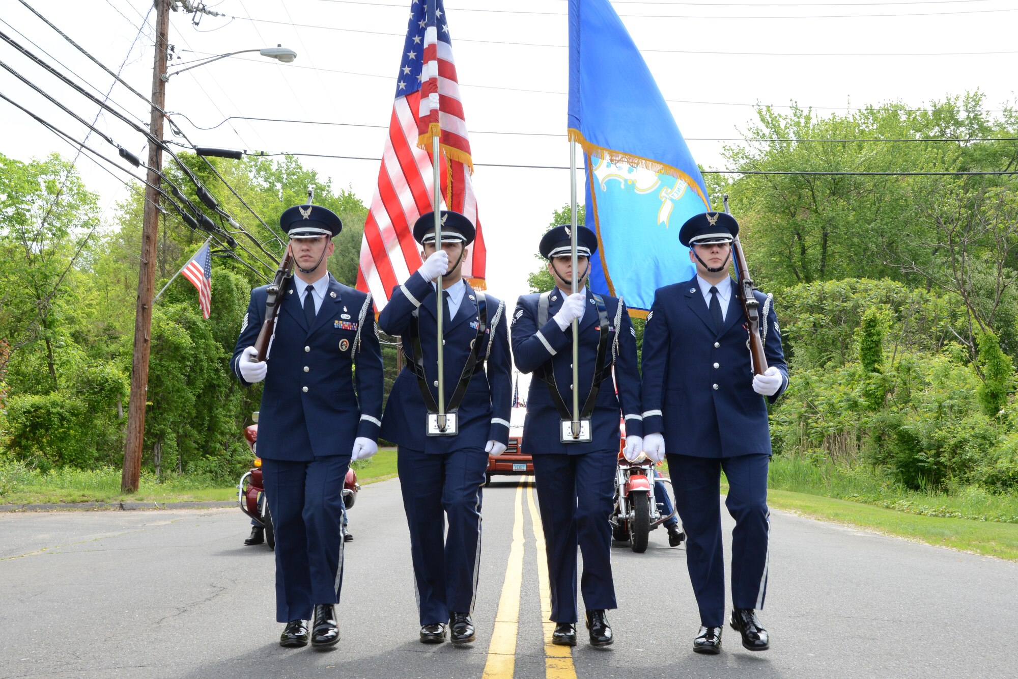 The 103rd Airlift Wing’s Base Honor Guard marches in the Memorial Day parade, East Granby, Conn., May 26, 2014.  (U.S. Air National Guard photo by Senior Airman Emmanuel Santiago)