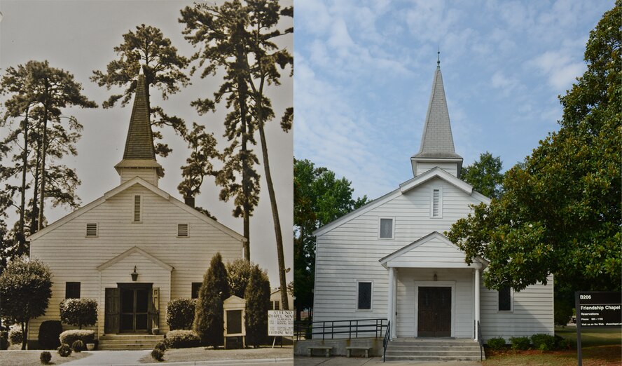 (Photo to right) The Shaw Friendship Chapel today, originally built in 1941, has undergone renovation several times at Shaw Air Force Base, S.C., July 10, 2014. The Friendship Chapel is the oldest World War II vintage building still standing on base. (U.S. Air Force photo by Senior Airman Tabatha Zarrella/Released)