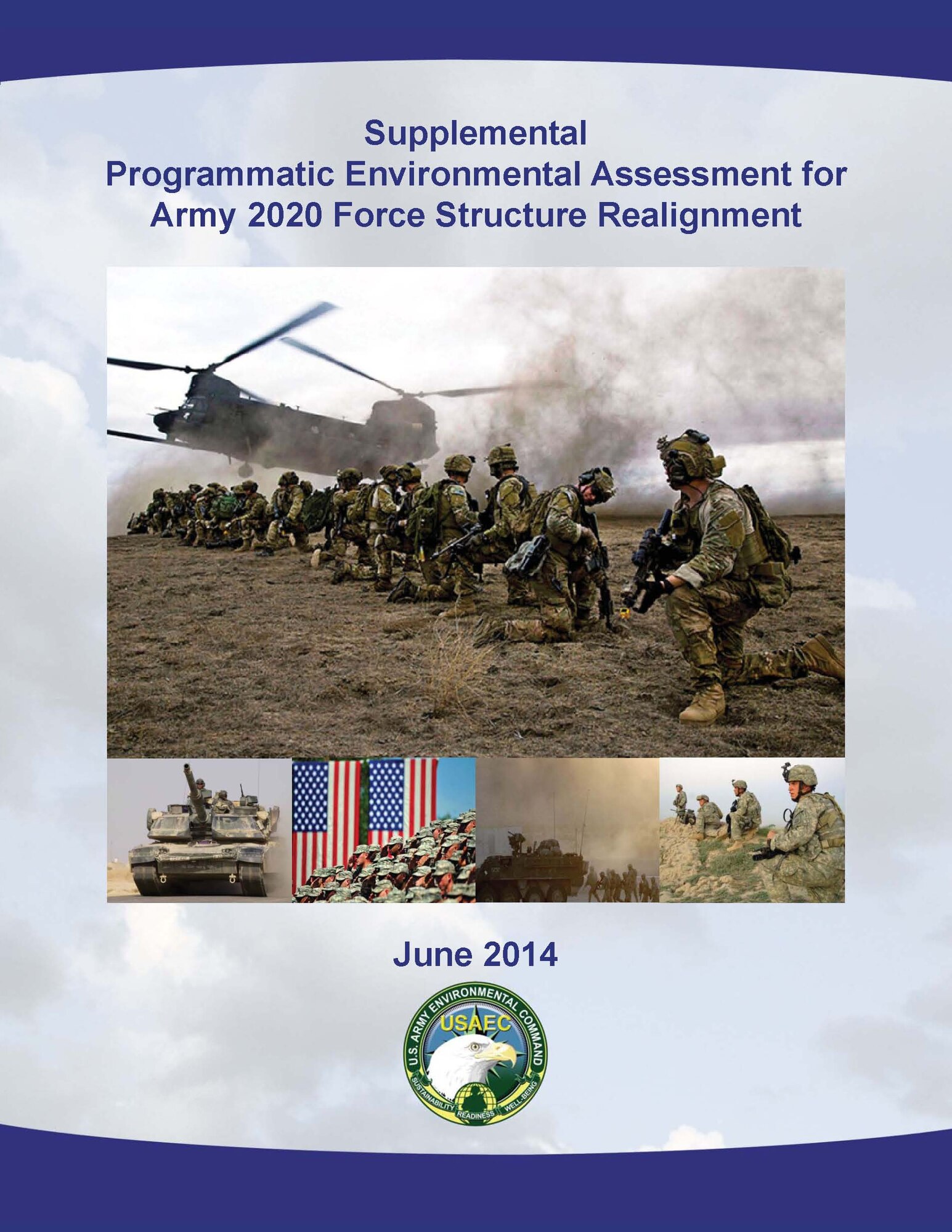 The Department of the Army has completed a Supplemental Programmatic Environmental Assessment for Army 2020 force structure realignment and is making a draft Finding of No Significant Impact available for public comment. All interested members of the public are invited to review and provide comments. Comments will be accepted until August 25. Please submit written comments to: U.S. Army Environmental Command, ATTN: SPEA Public Comments, 2450 Connell Road (Building 2264), Joint Base San Antonio-Fort Sam Houston, TX 78234-7664; or by email to usarmy.jbsa.aec.nepa@mail.mil. The SPEA and draft FNSI may be accessed at: ttp://aec.army.mil/Services/Support/NEPA/Documents.aspx . Also, approximately one week after publication of the Notice of Availability in the Federal Register by the Army, copies of the SPEA and draft FNSI will be available in some public libraries near the affected installations.