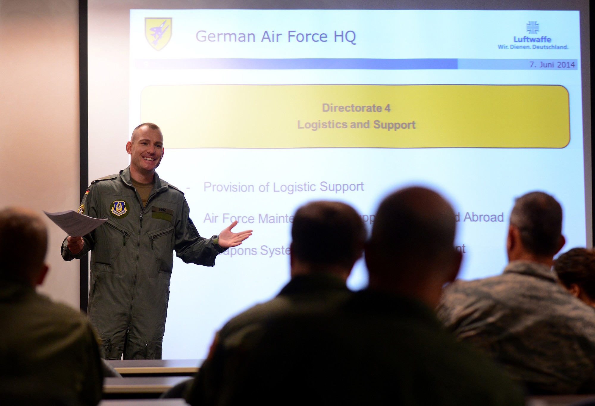 WRIGHT-PATTERSON AIR FORCE BASE – Ohio 
Luftwaffe internal security officer Maj. Malte Hinz shares information about the German Air Force with 445th Airlift Wing reservists during the June 7, 2014 unit training assembly. The 445th Airlift Wing hosted two German officers as part of the Reserve Foreign Officer Exchange Program. (U.S. Air Force photo/Tech. Sgt. Frank Oliver)