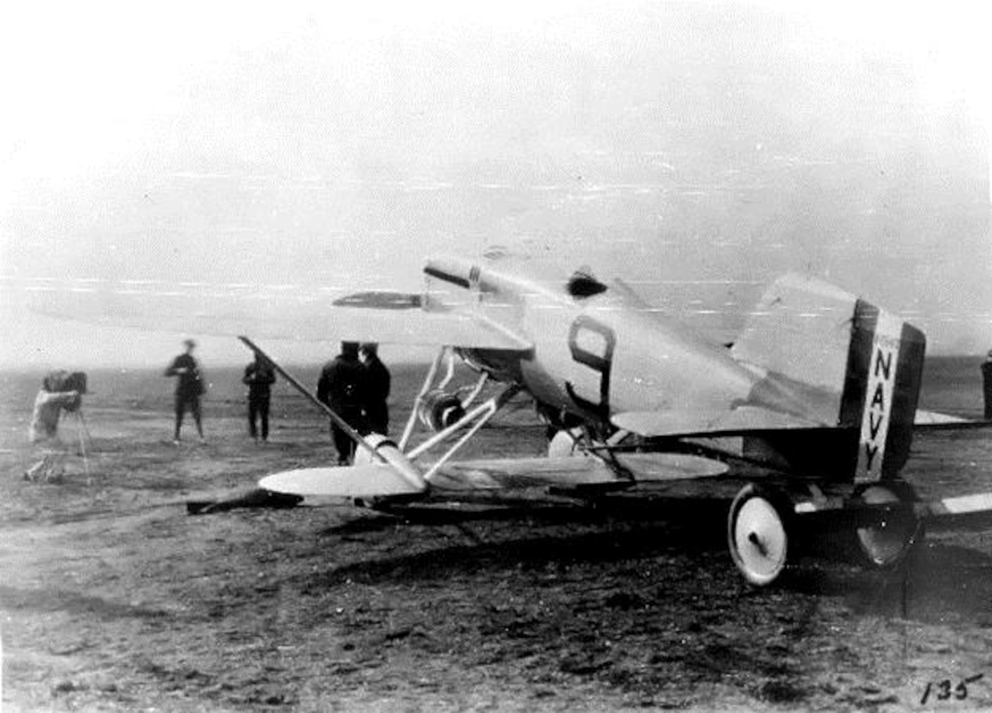 This rear view of the NW-1 clearly shows the difference in span of the sesquiplane’s wings. Note the Lamblin radiator supported by the gear struts. The aircraft was first put to use in a test flight at Selfridge Field in October 1922. (U.S. Navy photo)