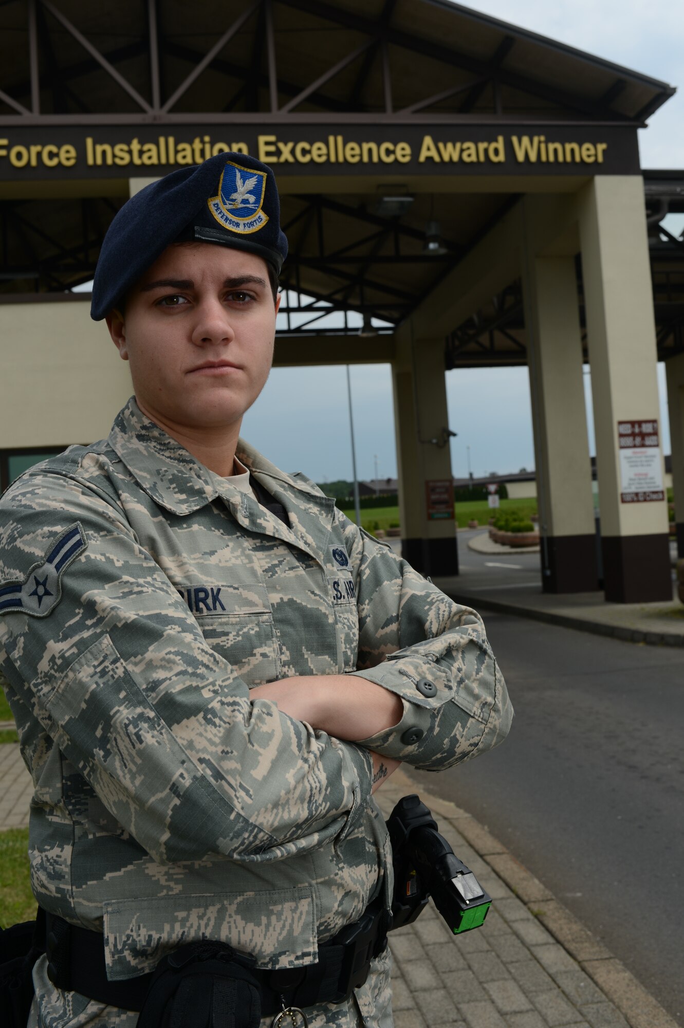 U.S. Air Force Airman 1st Class Kali S. Birk, 52nd Security Forces Squadron security forces member, from Thayer, Ill., is the Super Saber Performer for the week of July 10-16. (U.S. Air Force photo by Senior Airman Gustavo Castillo/Released)