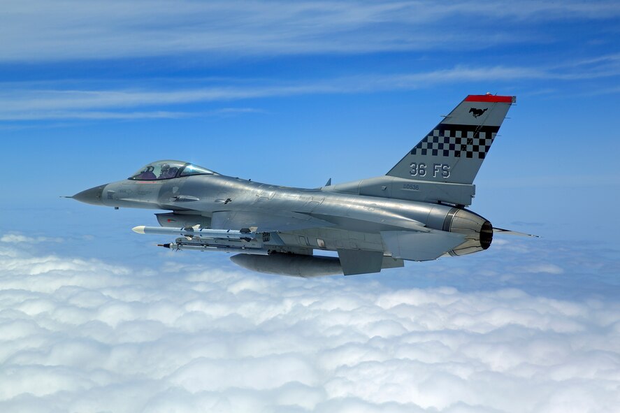 An F-16 Fighting Falcon from the 36th Fighter Squadron flies over the Republic of Korea, May 14, 2014. (Courtesy Photo/John M. Dibbs)