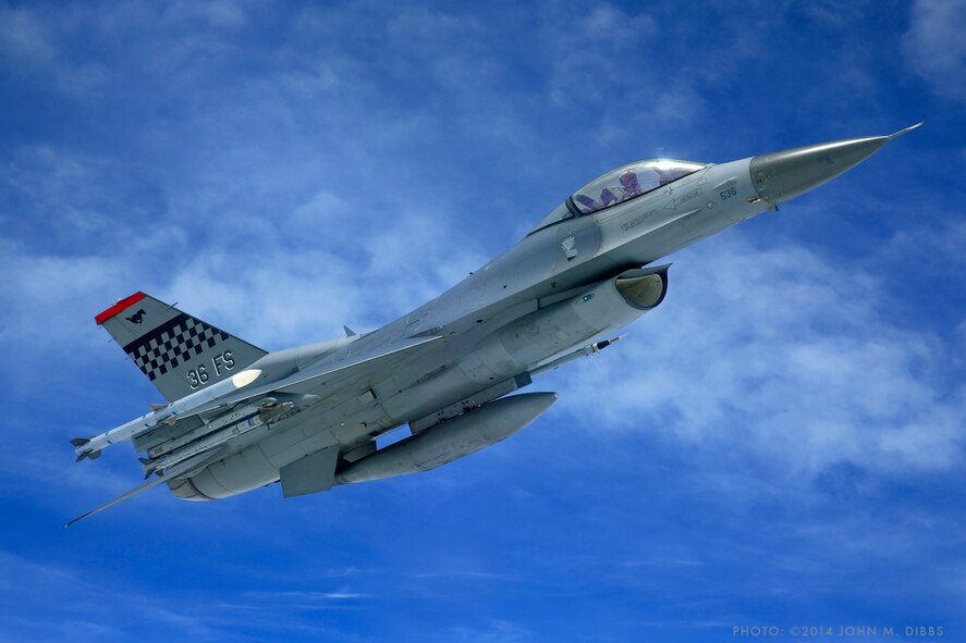 An F-16 Fighting Falcon from the 36th Fighter Squadron flies over the Republic of Korea, May 14, 2014. (Courtesy Photo/John M. Dibbs)