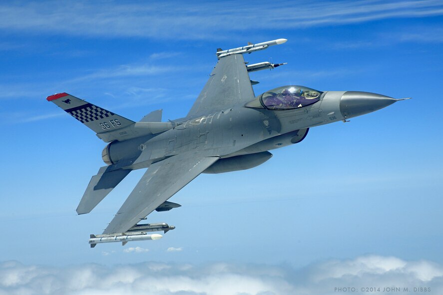 An F-16 Fighting Falcon from the 36th Fighter Squadron flies over the Republic of Korea, May 14, 2014. (Courtesy Photo/John M. Dibbs)