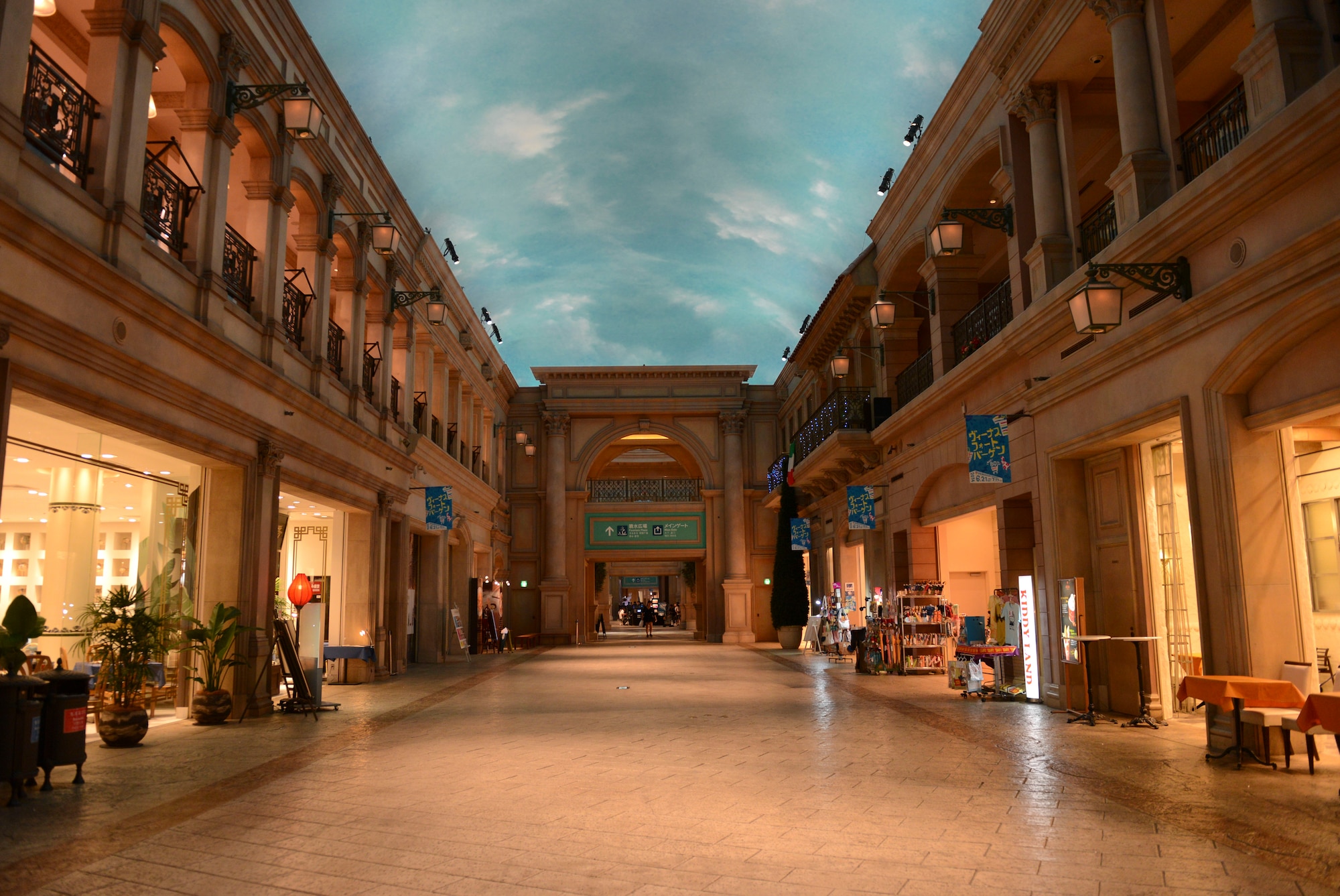 The Venus Fort mall has realistic paintings of clouds on the ceiling and a decorated grand hall with restaurants scattered around the area. (U.S. Air Force photo by Airman 1st Class Meagan Schutter/Released)