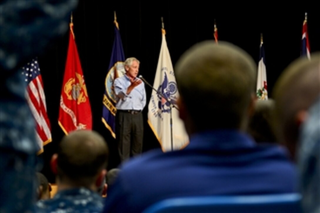 Defense Secretary Chuck Hagel addresses service members on Naval Submarine Base Kings Bay in Georgia, July 9, 2014. Hagel toured the USS Tennessee during his visit and held an all-hands call where he hosted a question and answer session.