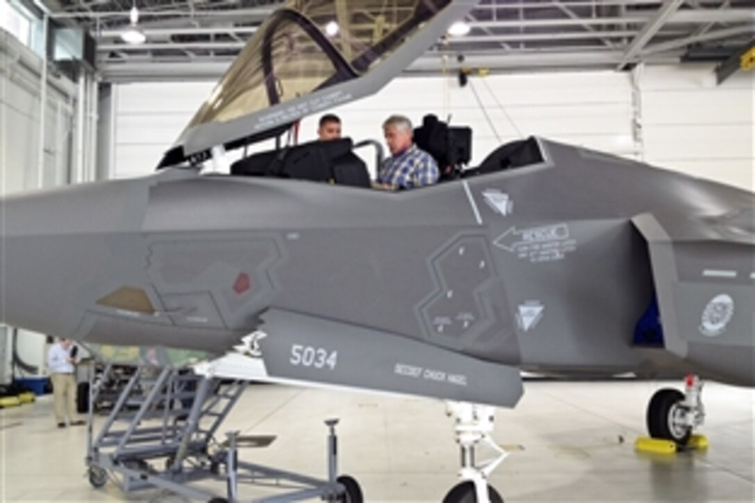 Defense Secretary Chuck Hagel sits in an F-35A Lightning II joint strike fighter aircraft on Eglin Air Force Base, Fla., July 10, 2014, during a two-day trip to visit bases in the South. Eglin is home to the Air Force’s first full squadron of  F-35A Lightning II aircraft.