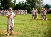 Brig. Gen. Frank Kelley speaks during the Marine Corps Systems Command change of command ceremony July 11 on Hospital Point aboard Marine Corps Base Quantico, Virginia. Kelley, who served as commander since July 2010, relinquished command to Col. Joseph Shrader. 