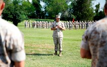 Col. Joseph Shrader speaks during the Marine Corps Systems Command change of command ceremony July 11 on Hospital Point aboard Marine Corps Base Quantico, Virginia. Shrader assumed command of MCSC from Brig. Gen. Frank Kelley, who served as commander since July 2010. Shrader served two previous tours at MCSC as a deputy program manager, product group director and program manager. 