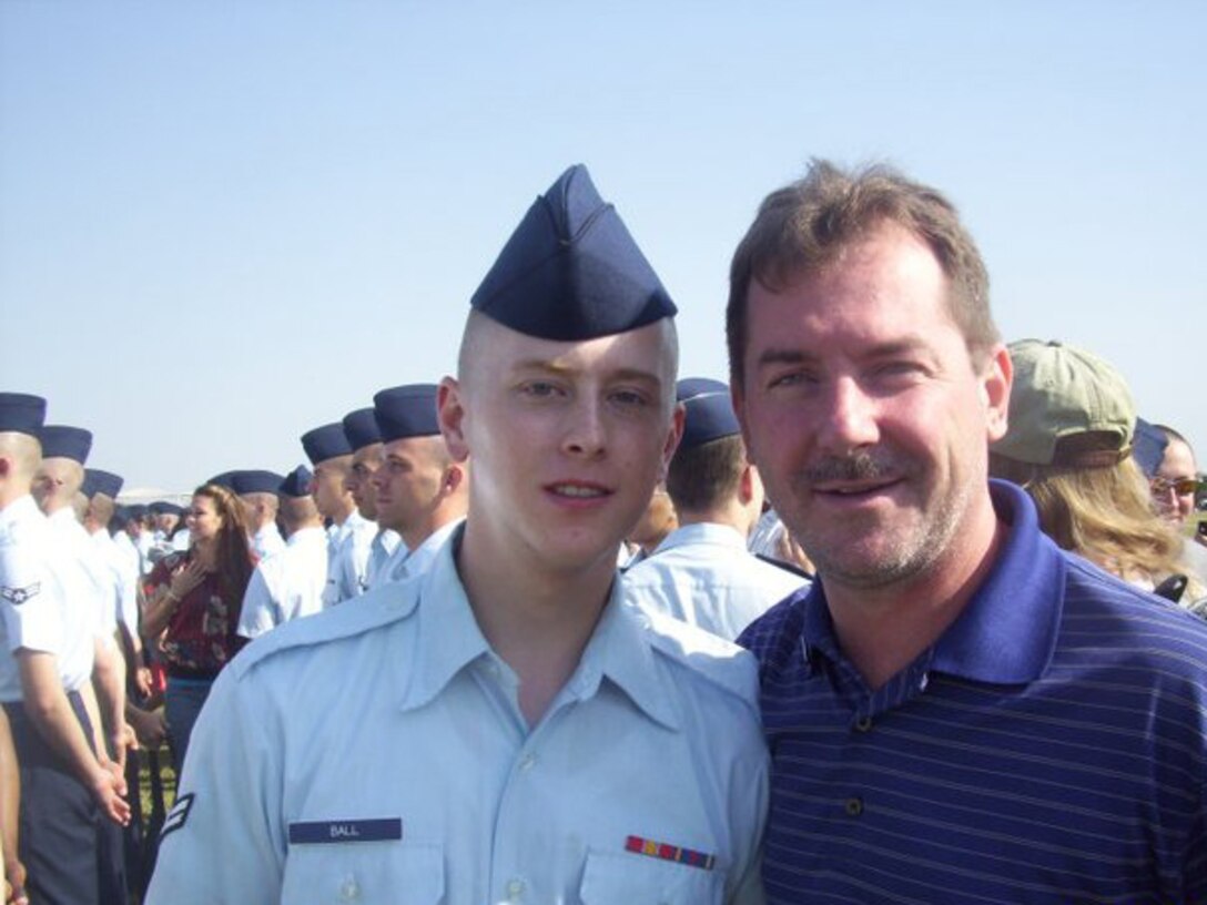Staff Sgt. Ronald Ball, right, pictured with his son, Matthew, April 29, 2011. Matthew, an engineering technician with the 201st RED HORSE Squadron, was the inspiration for Ball’s return to service. (Courtesy Photo)