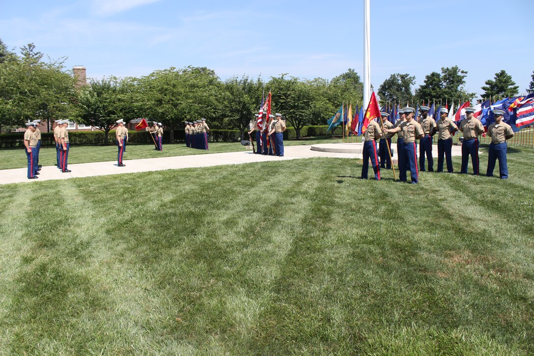 Marines of the 4th Marine Corps District participate in a change of command ceremony at the Defense Distribution Center Susquehanna in New Cumberland, Pa., July 10, 2014. During the ceremony, U.S. Marine Corps Col. Terence D. Trenchard, a native of Hartdford, Conn., relinquished command to U.S. Marine Corps Col. John A. Bolt, a Mount Dora, Fla. native. Bolt was most recently the J3 Air Fires Officer of Naval Striking and Support Forces, NATO. Trenchard will assume the post of operations officer for Marine Corps Recruiting Command. (U.S. Marine Corps photo by Cpl. Nicholas S. Ranum/Released)  