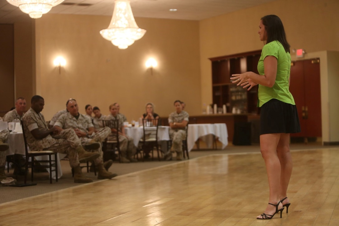 Former Sgt. Kristina Johnson, vice president of the Edith Macias Vann, Southern California Chapter of the Women Marines Association, spoke to Marines at the Pacific Views Event Center aboard Marine Corps Base Camp Pendleton, Calif., July 8, 2014.  Retired and former Marine women from the WMA teamed with the I Marine Expeditionary Force Headquarters Group Female Marine and Sailor Council to share their career experiences, including challenges and achievements they experienced along the way. (U.S. Marine Corps photo by Lance Cpl. Jenna Loofe)