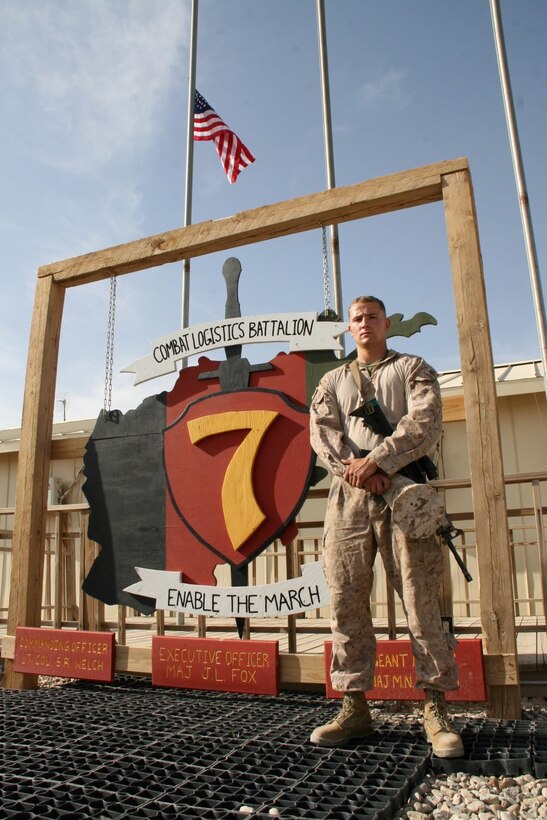 U.S. Marine Sgt. Michael M. Estes, 20, a native of Torrance, Calif., and electro-optical ordnance repairer with Combat Logistics Battalion 7, Regional Command (Southwest), stands outside of the CLB-7 headquarters aboard Camp Leatherneck, Helmand province, Afghanistan, April 9, 2014. Estes deployed during January 2014, and kept Marine Corps individual and heavy weapons optics in the fight during ongoing security operations and led redeployment and retrograde efforts of Marine Corps equipment from the region.