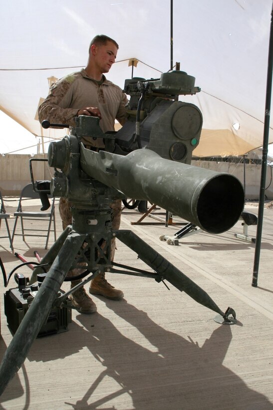 U.S. Marine Sgt. Michael M. Estes, 20, a native of Torrance, Calif., and electro-optical ordnance repairer with Combat Logistics Battalion 7, Regional Command (Southwest), performs maintenance on a Tube Launched Optically Tracked, Wire-guided missile system outside of the ordnance maintenance headquarters aboard Camp Leatherneck, Helmand province, Afghanistan, April 9, 2014. Estes deployed to Afghanistan during January 2014, and kept Marine Corps individual and heavy weapons optics in the fight during ongoing security operations and led redeployment and retrograde efforts of Marine Corps equipment from the region.