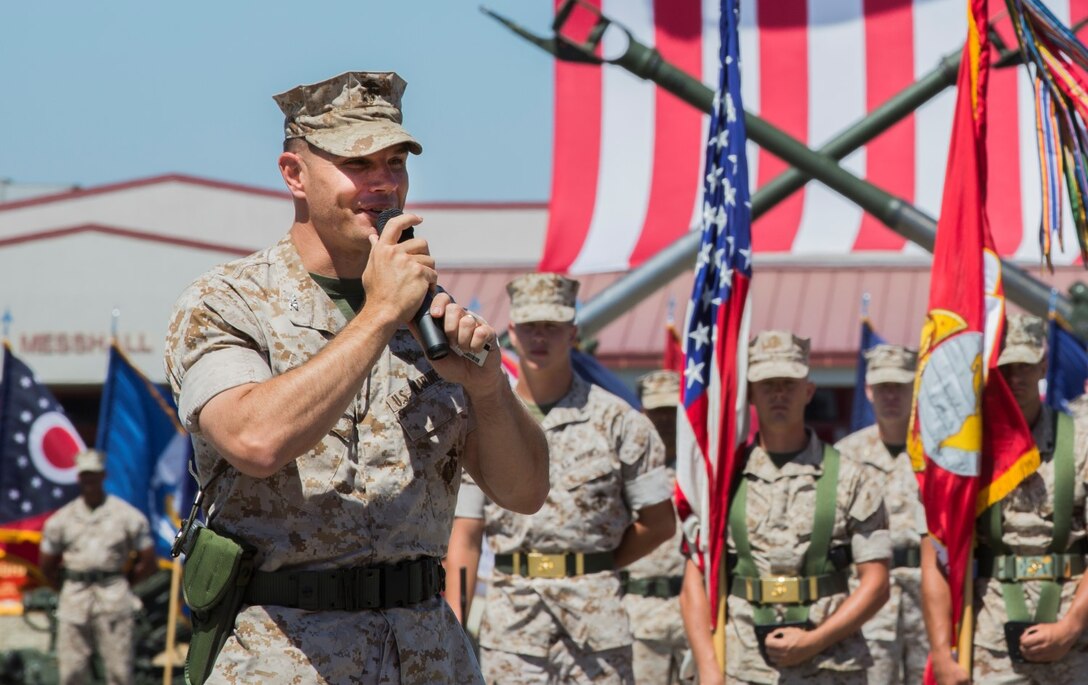 Colonel Vance L. Cryer, commanding officer, 15th Marine Expeditionary Unit, expresses his gratitude for the opportunity to lead the MEU during a change of command ceremony aboard Camp Pendleton, Calif., July 10, 2014. (U.S. Marine Corps photo by Cpl. Emmanuel Ramos/Released)