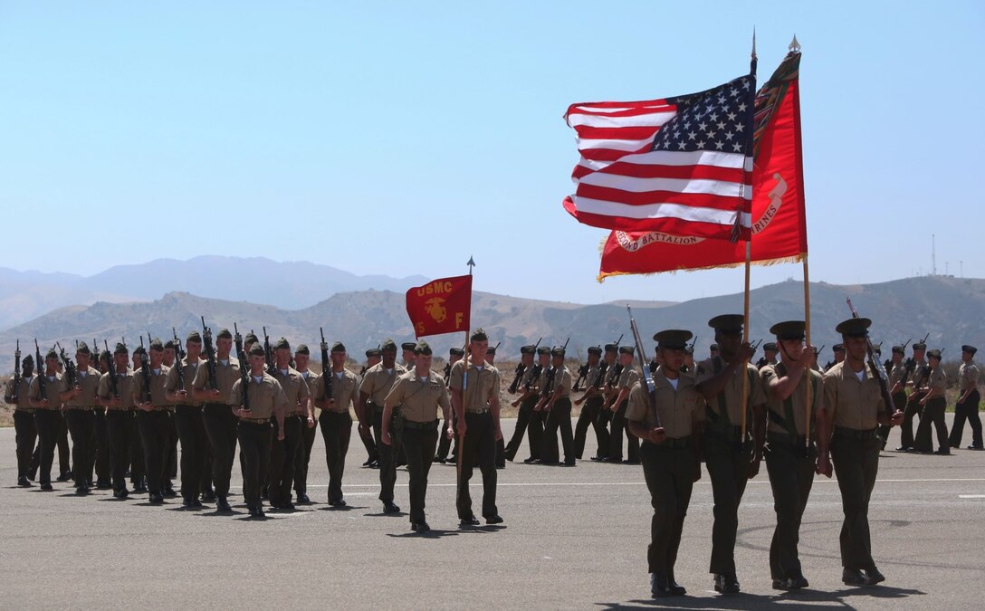 Marines with 2nd Battalion, 5th Marine Regiment, 1st Marine Division, I Marine Expeditionary Force, march during a change of command ceremony aboard Marine Corps Base Camp Pendleton, Calif., July 9, 2014. During the ceremony Lt. Col. Stephen V. Fiscus took over command from Lt. Col. Timothy M. Bairstow, the unit’s previous commanding officer.