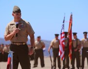 Lt. Col. Stephen V. Fiscus speaks in front of 2nd Battalion, 5th Marine Regiment, 1st Marine Division, I Marine Expeditionary Force, during a change of command ceremony aboard Marine Corps Base Camp Pendleton, Calif., July 9, 2014. Fiscus took over command from Lt. Col. Timothy M. Bairstow, the unit’s previous commanding officer.