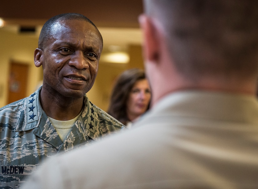 Gen. Darren McDew, Air Mobility Commander commander, greets a Sailor during his visit to the Naval Nuclear Power Training Command, July 10, 2014, at Joint Base Charleston, S.C. The AMC commander interacted with service members, families, Department of Defense civilian employees, contractors and local civic leaders in a variety of venues at JB Charleston during his three-day visit. (U.S. Air Force photo/Senior Airman Dennis Sloan)