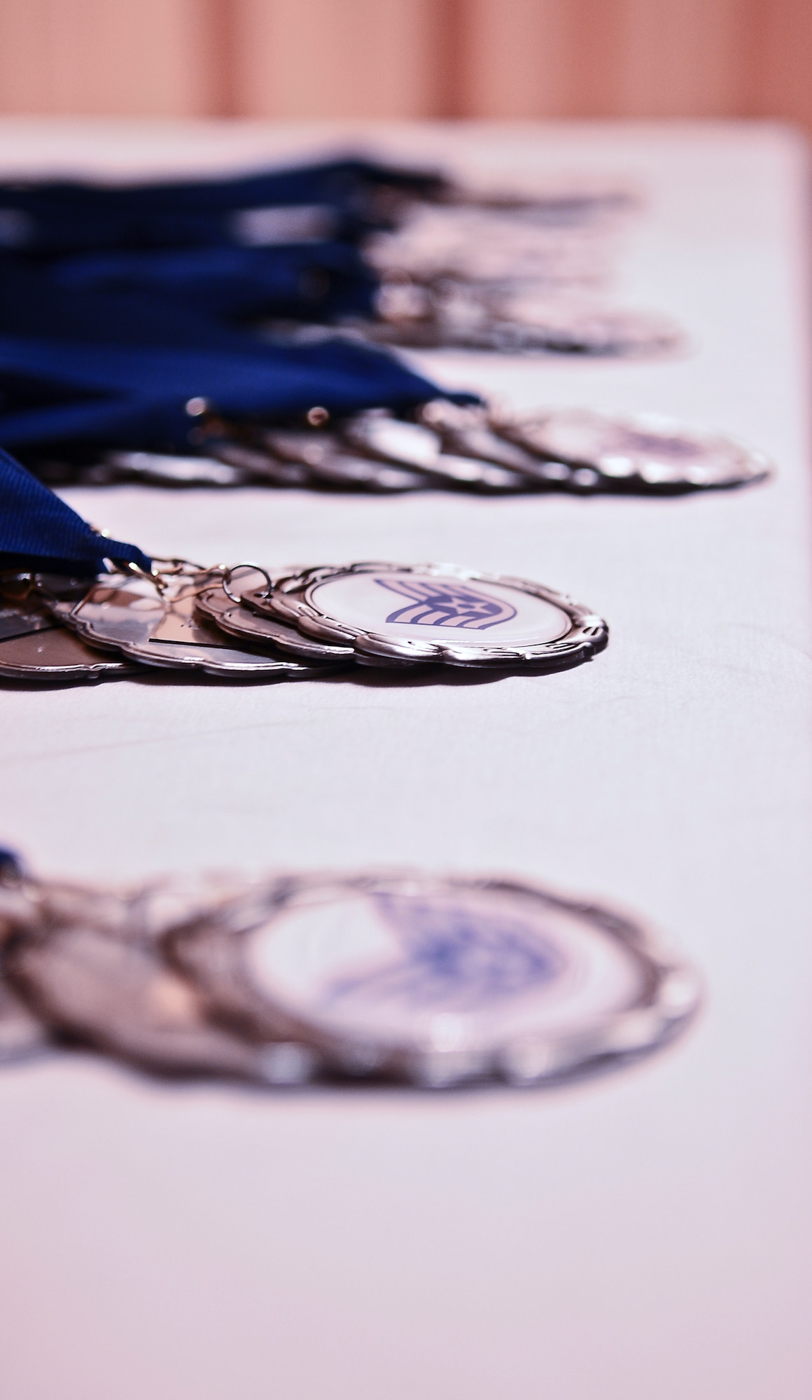 Medallions lay on a table during the staff sergeant release party at MacDill Air Force Base, Fla., July 10, 2014. The medallions contained the staff sergeant chevron, name of the selectee and their sequence number. Each selectee was awarded a medallion during the ceremony portion. (U.S. Air Force photo by Senior Airman Vernon L. Fowler Jr./Released)