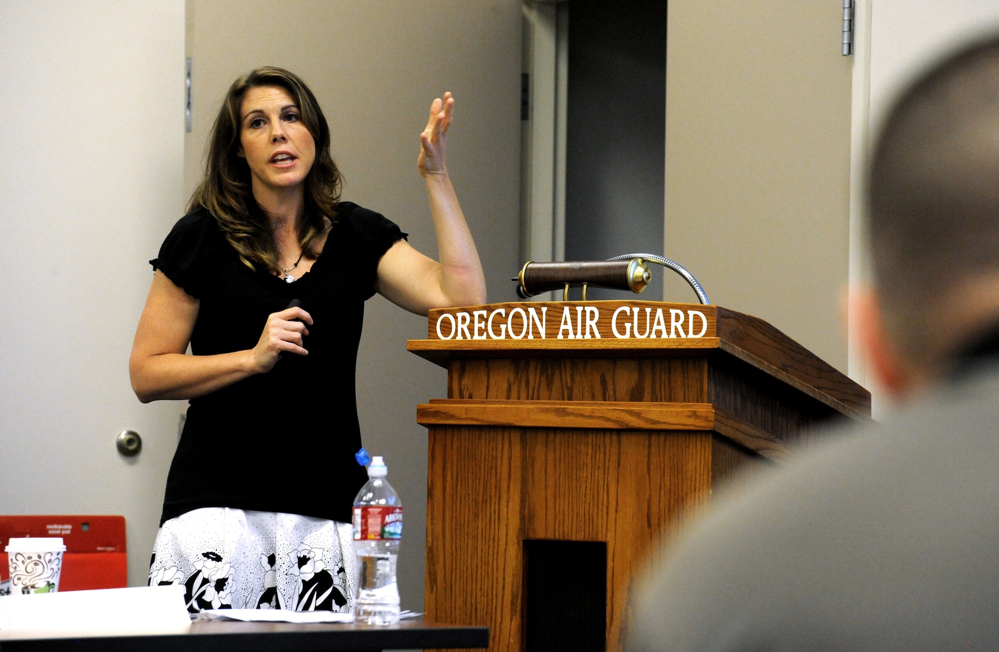 Kelly Dominici, from the Portland Veterans Administration Medical Center in Vancouver, Washington, answers questions from  victim during three days of training for Sexual Assault Preventing and Response (SAPR) training, June 24-26, Portland Air National Guard Base, Ore. (U.S. Air National Guard photo by Tech. Sgt. John Hughel, 142nd Fighter Wing Public Affairs/Released)