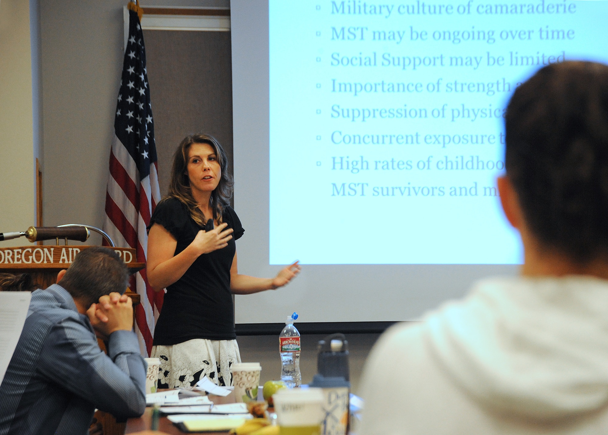 Kelly Dominici, from the Portland Veterans Administration Medical Center in Vancouver, Washington, elaborates on the role of victim advocates and the challenges they face when helping individuals suffering from sexual abuse, during three days of training for Sexual Assault Preventing and Response (SAPR) training, June 24-26, Portland Air National Guard Base, Ore. (U.S. Air National Guard photo by Tech. Sgt. John Hughel, 142nd Fighter Wing Public Affairs/Released)