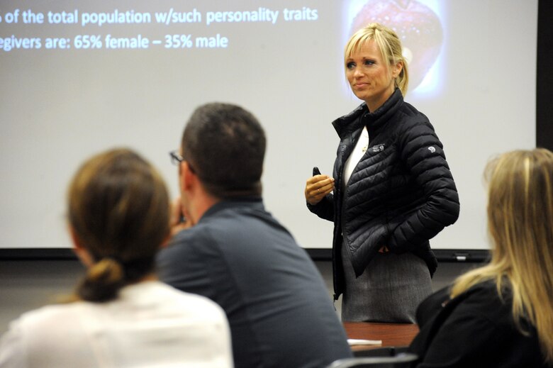 Dr. DeAnn Smetana, 142nd Fighter Wing director of physiological health, emphasized the concept of self-care for victim advocates during her presentation as part of the three days of training for Sexual Assault Preventing and Response (SAPR) training, June 24-26, Portland Air National Guard Base, Ore. (U.S. Air National Guard photo by Tech. Sgt. John Hughel, 142nd Fighter Wing Public Affairs/Released)