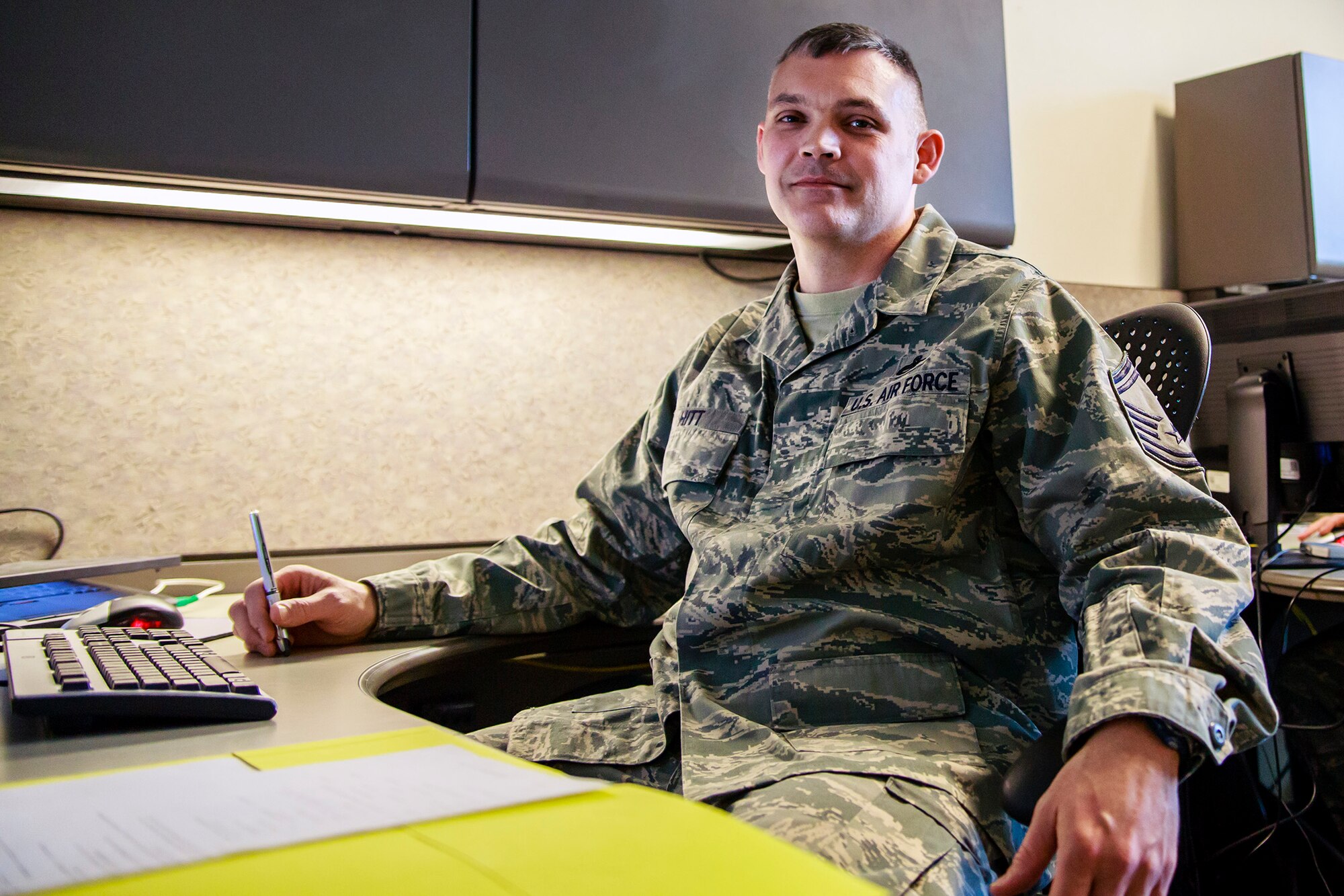 Senior Master Sgt. Marty Hitt, 446th Aircraft Maintenance Squadron, Blue Aircraft Maintenance Unit assistant superintendent at Joint Base Lewis-McChord, Washington, has been in the Air Force Reserve for 16 years. During the week, he works in the Maintenance & Engineering division at Alaska Airlines in Sea-Tac, Washington. Hitt’s been with the company for 16 years as well. He said his connections are the reasons why he’s kept both careers. (U.S. Air Force Reserve photo by Jake Chappelle) 