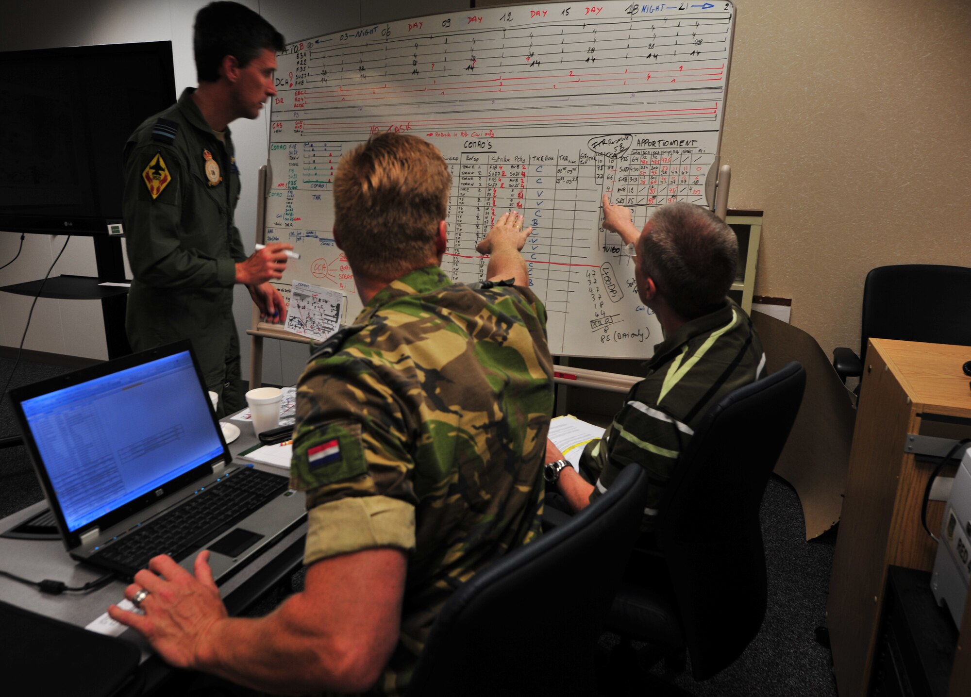 A Royal Netherlands Air Force officer, a RNAF civilian planner, and a Belgian Air Force officer (flight suit), discuss mission requirements during the practical portion of the Combined Air Operations Simulation course wargame, hosted by the LeMay Center for Doctrine Development and Education, a part of Air University, at Maxwell June 26, 2014. The two-week course culminates in a competition between two teams of students to practically apply their new abilities and analyze their decisions. 