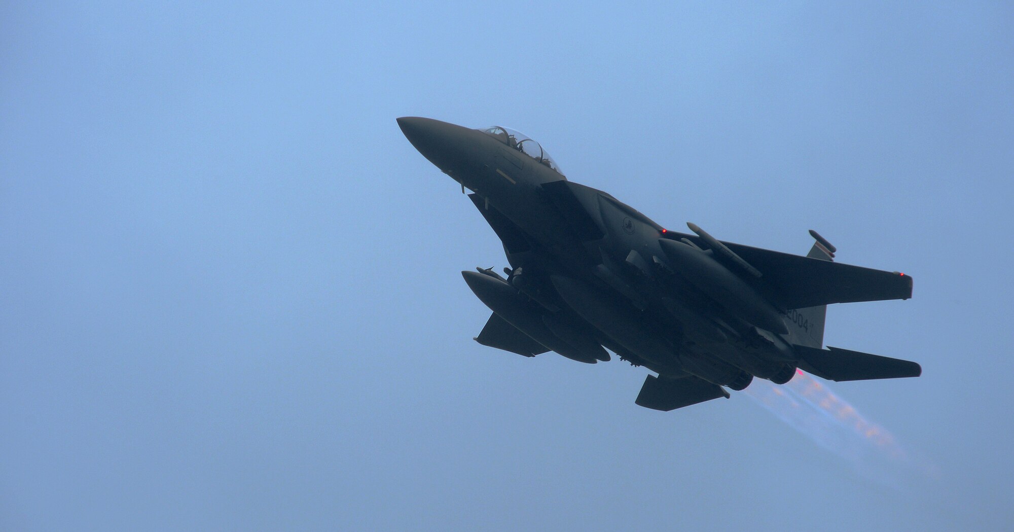 An F-15E Strike Eagle assigned to the 494th Fighter Squadron departs Royal Air Force Lakenheath, England, July 10, 2014, to participate in a series of training exercises in the U.S. The 48th Fighter Wing aircraft will contribute to Red Flag exercise 14N-3 at Nellis Air Force Base, Nev., and the Combat Hammer and Combat Archer exercises at Hill Air Force Base, Utah. (U.S. Air Force photo by Staff Sgt. Thomas Trower/Released)