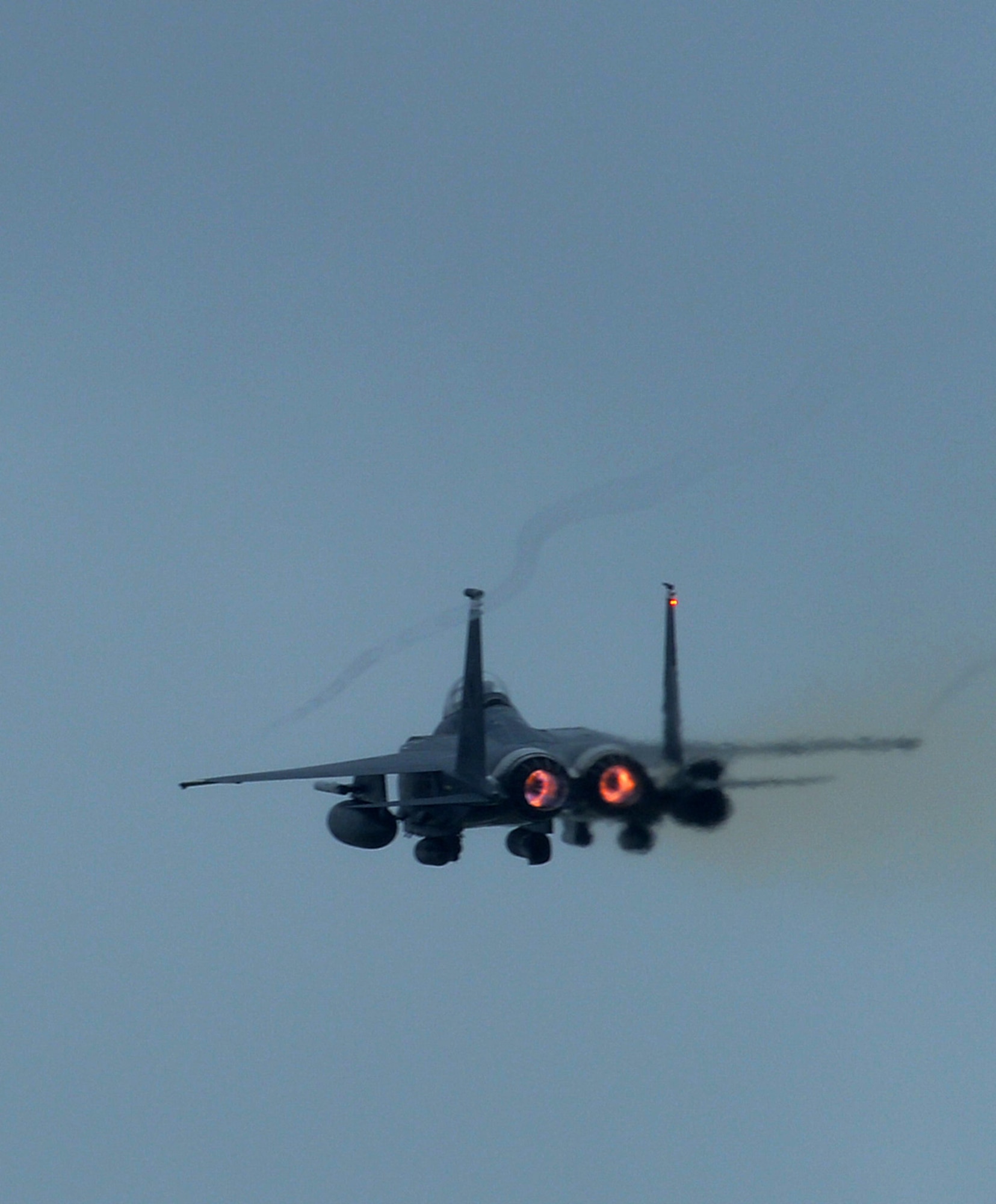 An F-15E Strike Eagle assigned to the 494th Fighter Squadron departs Royal Air Force Lakenheath, England, July 10, 2014, to participate in a series of training exercises in the U.S. The 48th Fighter Wing aircraft will contribute to Red Flag exercise 14N-3 at Nellis Air Force Base, Nev., and the Combat Hammer and Combat Archer exercises at Hill Air Force Base, Utah. (U.S. Air Force photo by Staff Sgt. Thomas Trower/Released)
