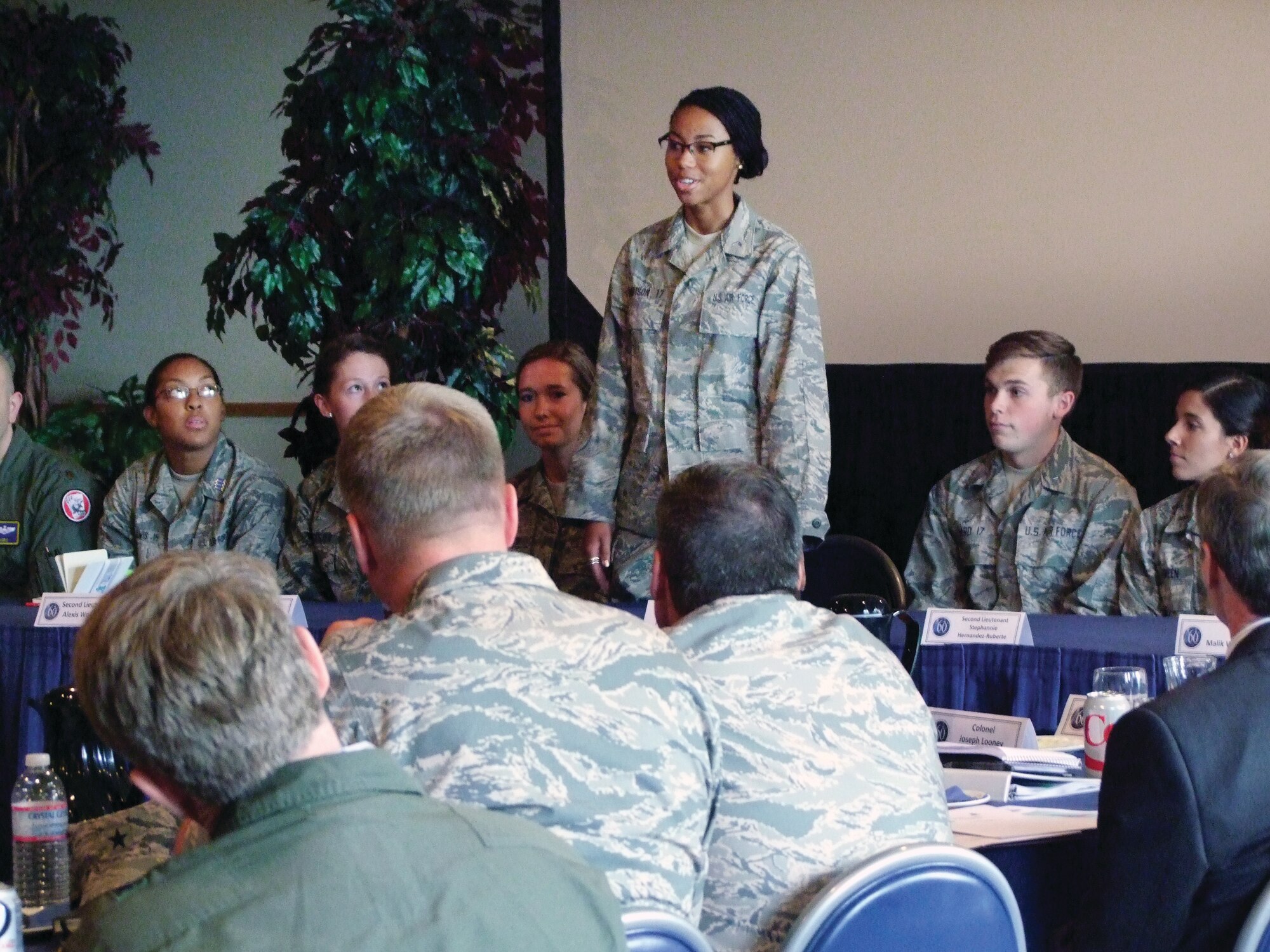 Cadet 3rd Class Mikayla Robertson introduces herself to Air Force leaders from across the nation attending the Air Force Character, Ethics Development and Diversity Summit July 9. Robertson shared her Air Force goals and the rewards and challenges of  cadet life. (U.S. Air Force photo/Amber Baillie)