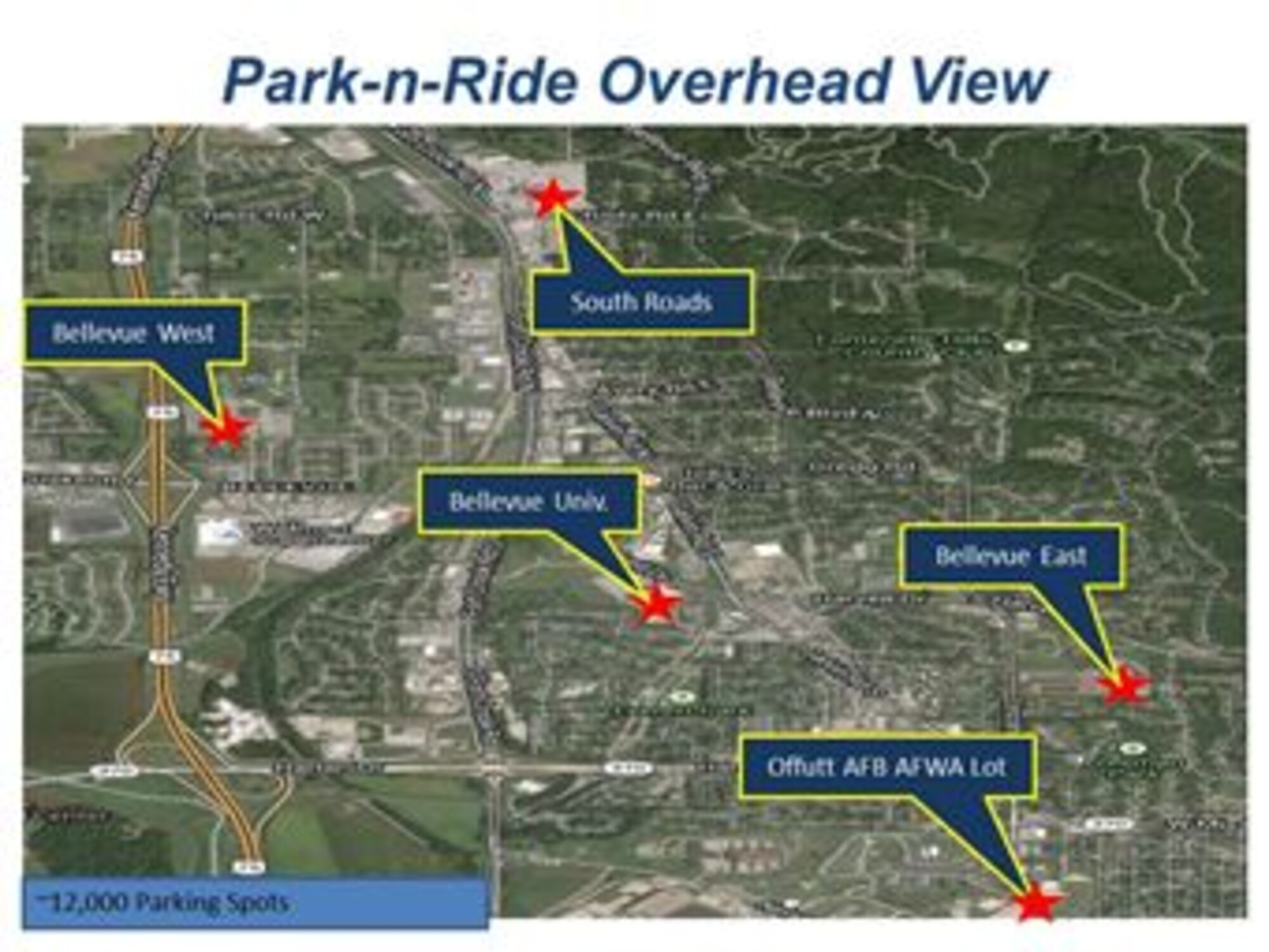 Off-base parking options for the 2014 Defenders of Freedom Open House and Air Show include lots at the Southroads Technology Center, Bellevue University, Bellevue East High School and Bellevue West High School. The shuttles will run continuously from 8:45 a.m. to 6 p.m., with the last inbound shuttle running at 3 p.m. 