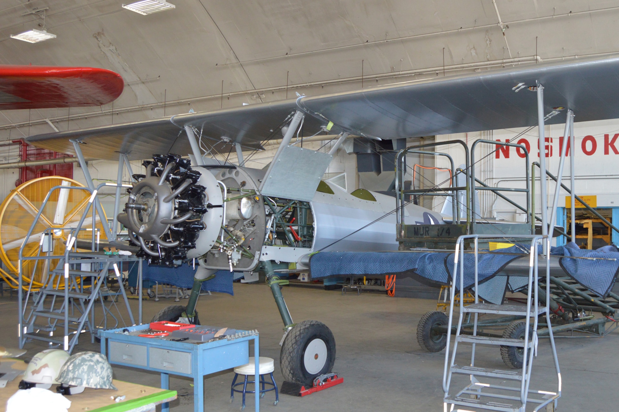 DAYTON, Ohio --The Stearman PT-13D Kaydet in the Restoration Hangar at the National Museum of the U.S. Air Force. Plans call for the aircraft to be part of an expanded Tuskegee Airman exhibit in the World War II Gallery at the National Museum of the U.S. Air Force. (U.S. Air Force photo by Ken LaRock)