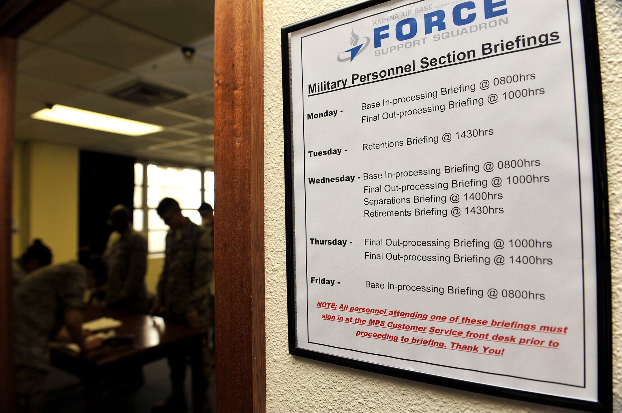 Approximately 50 newcomers attend an in-processing brief on Kadena Air Base, Japan, July 11, 2014. In the United States Armed Forces a permanent change of station is the official relocation of an active duty military service member, along with any dependents, to a different duty location such as a military base. (U.S. Air Force photo by Naoto Anazawa/Released)