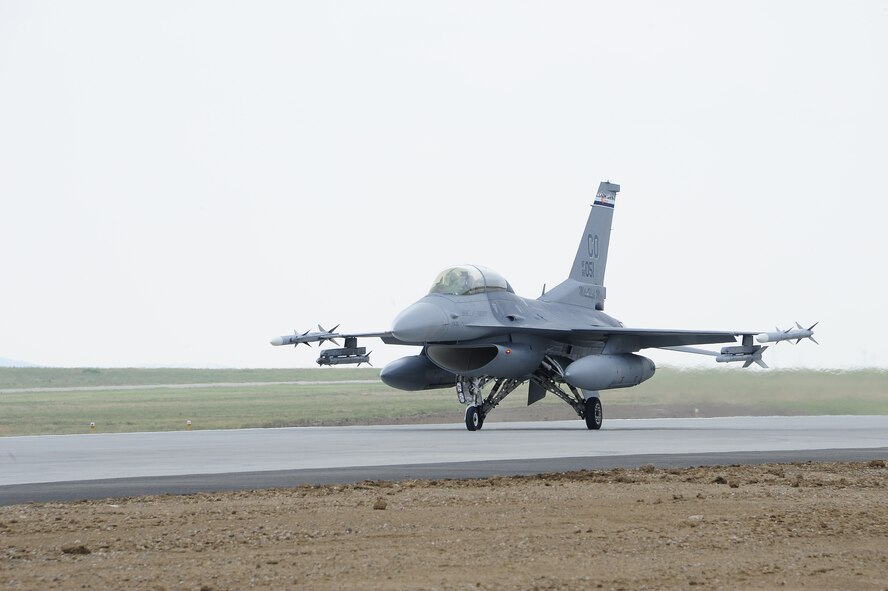 F-16s from the 140th Wing, Colorado Air National Guard begin to return to Buckley Air Force Base July 12, 2014, slightly ahead of schedule, after spending approximately three months at Denver International Airport while the base runway was being reconstructed. Despite relocating their entire flying operations, the wing managed to provide uninterrupted support to their Aerospace Control Alert mission 24/7 throughout the transition to DIA and back to Buckley AFB. (Air National Guard Photo by Staff Sgt. Nicole Manzanares ) 
