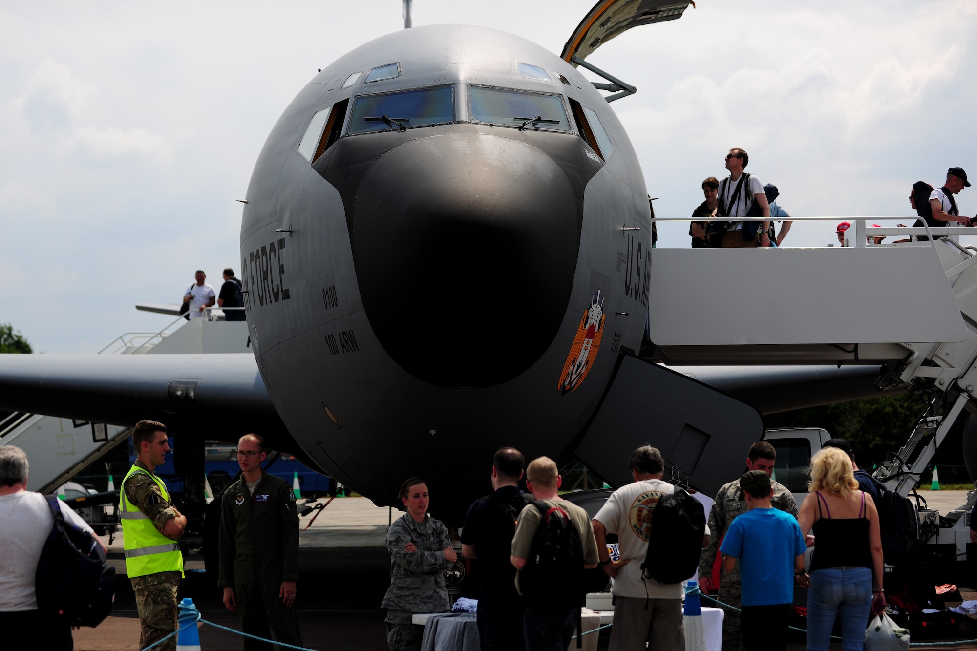 Spectators examine and board a KC-135 Stratotanker during the 2014 Royal International Air Tattoo at RAF Fairford, United Kingdom, July 12, 2014. The Stratotanker was flown from RAF Mildenhall as part of the U.S. military presence at RIAT. (U.S. Air Force photo by Staff Sgt. Jarad A. Denton/Released) 