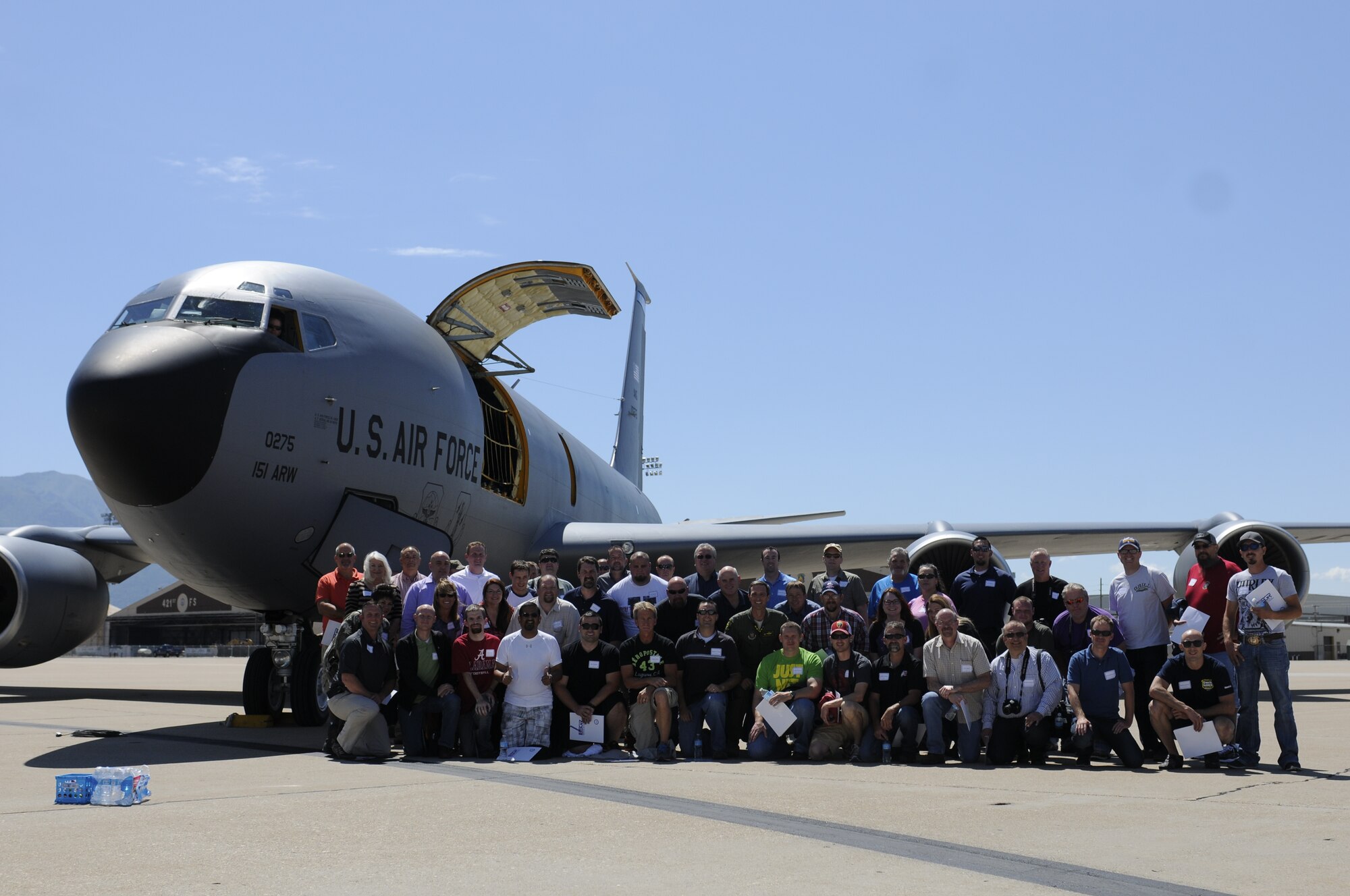 Employers from Utah and surrounding states pose for a group picture in front of a KC-135 on July 12, 2014, at Hill Air Force Base, Utah. The 419th Fighter Wing hosted Employer Appreciation Day sponsored by Employer Support of the Guard and Reserve. The purpose of EAD is to thank employers for their support, educate them about the Air Force Reserve and to offer a firsthand glimpse into their employee’s role in national defense. (U.S. Air Force photo/Senior Airman Allen Stokes)