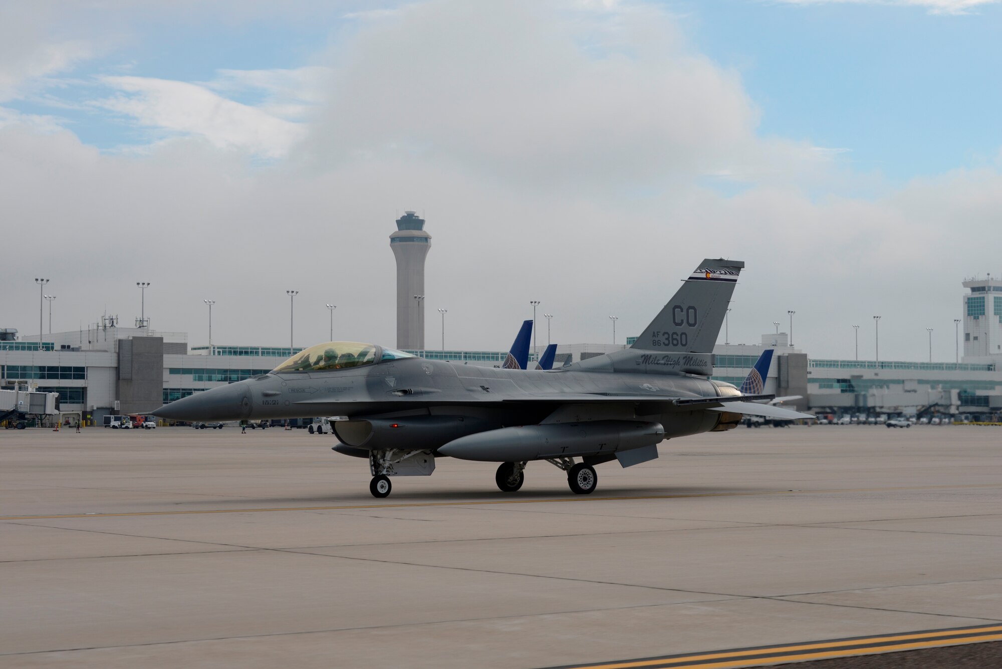 F-16s from the 140th Wing, Colorado Air National Guard begin to return to Buckley Air Force Base July 12, 2014, slightly ahead of schedule, after spending approximately three months at Denver International Airport while the base runway was being reconstructed. Despite relocating their entire flying operations, the wing managed to provide uninterrupted support to their Aerospace Control Alert mission 24/7 throughout the transition to DIA and back to Buckley AFB. (Air National Guard Photo by Tech. Sgt. Wolfram Stumpf) 