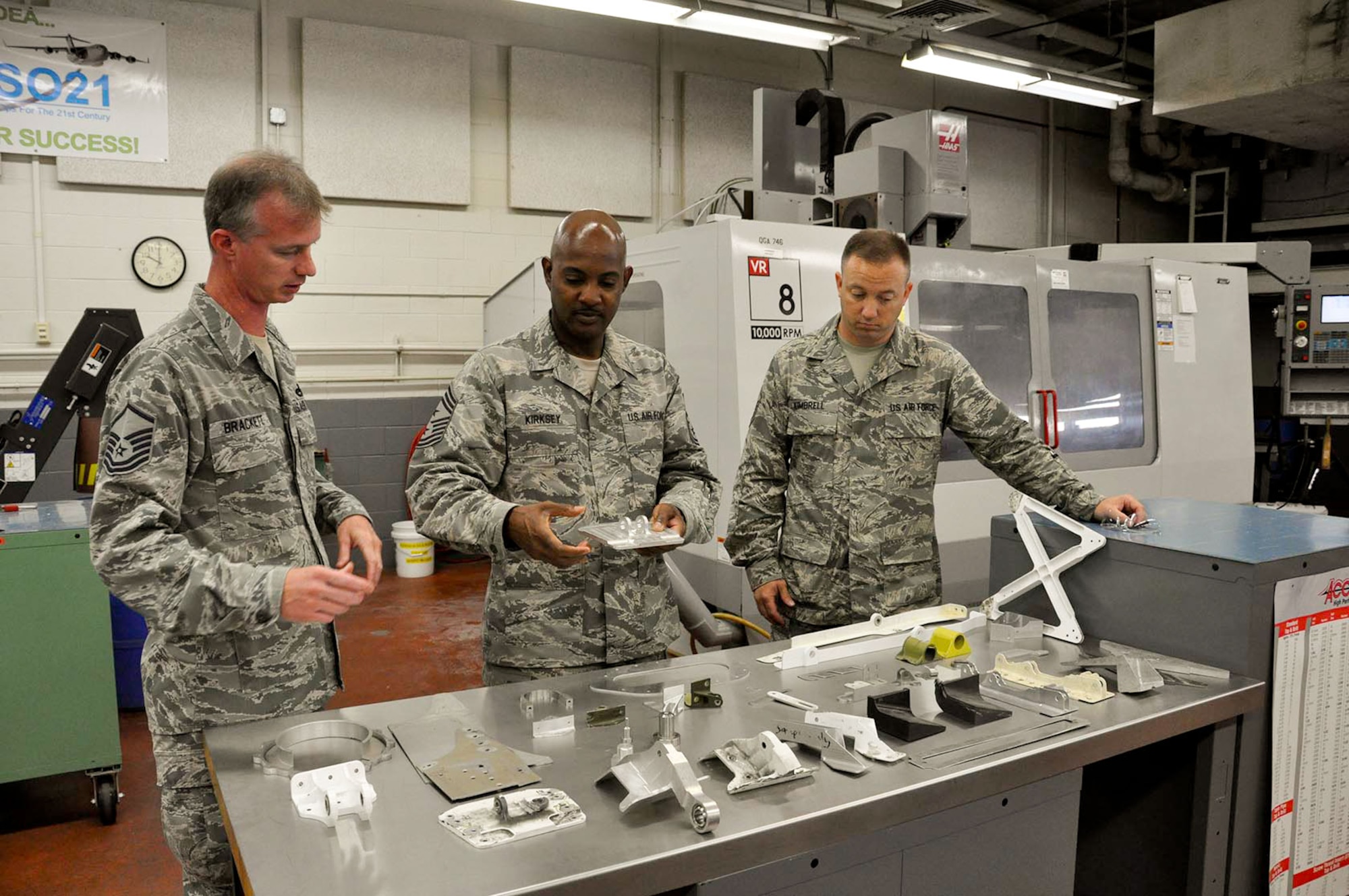 Command Chief Master Sgt. Cameron B. Kirksey, Command Chief of the Air Force Reserve Command, meets with and discusses the many parts of the C-17 Globemaster III aircraft that can be fabricated at the 315th Maintenance Squadron today at Joint Base Charleston, S.C.  Kirksey visited members of the 315th Airlift Wing during the Unit Training Assembly weekend to address several topics ranging from education and training to readiness. (U.S. Air Force photos/Senior Airman Bobby Pilch)