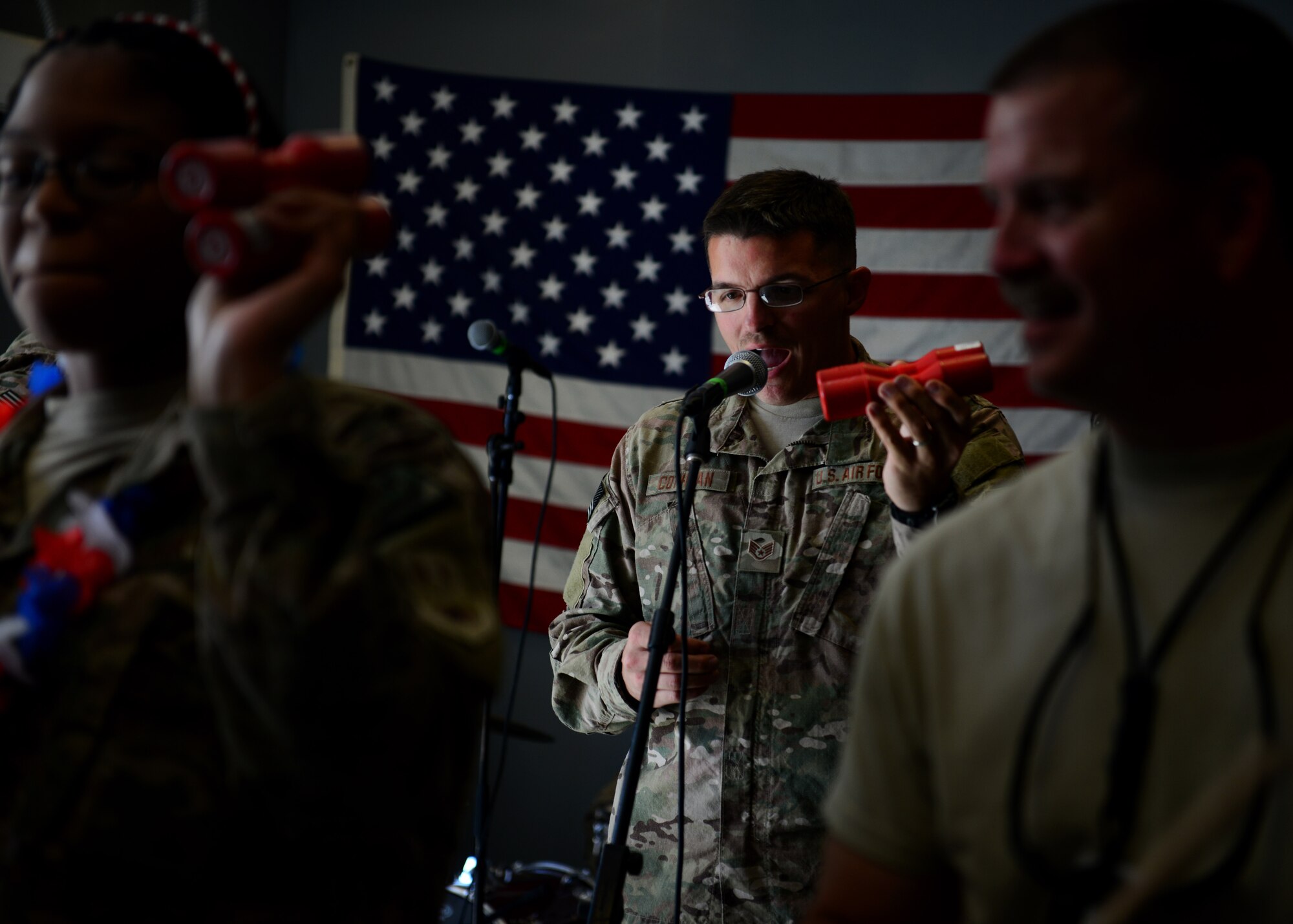 U.S. Air Force Staff Sgt. Charles Cothran, Air Force Central Command Starlifter band member performs for Airmen at Bagram Airfield, Afghanistan July 11, 2014.  The band played at several locations around the airfield to entertain service members here.  Starflifter performs a wide variety of musical styles for their audiences, promote troop morale, diplomacy and outreach to host nation communities.  Cothran is deployed from Scott Air Force Base, Ill. and a native of Pensacola, Fla. (U.S. Air Force photo by Staff Sgt. Evelyn Chavez/Released)