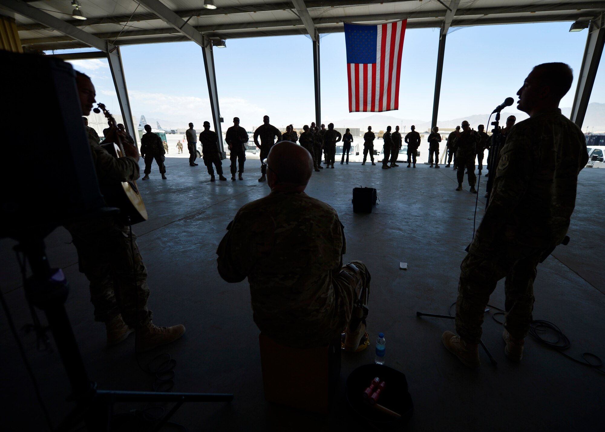 The U.S. Air Force Central Command Band performs for Airmen at Bagram Airfield, Afghanistan July 11, 2014.  The seven-member band spent three days here entertaining service members. (U.S. Air Force photo by Staff Sgt. Evelyn Chavez/Released)