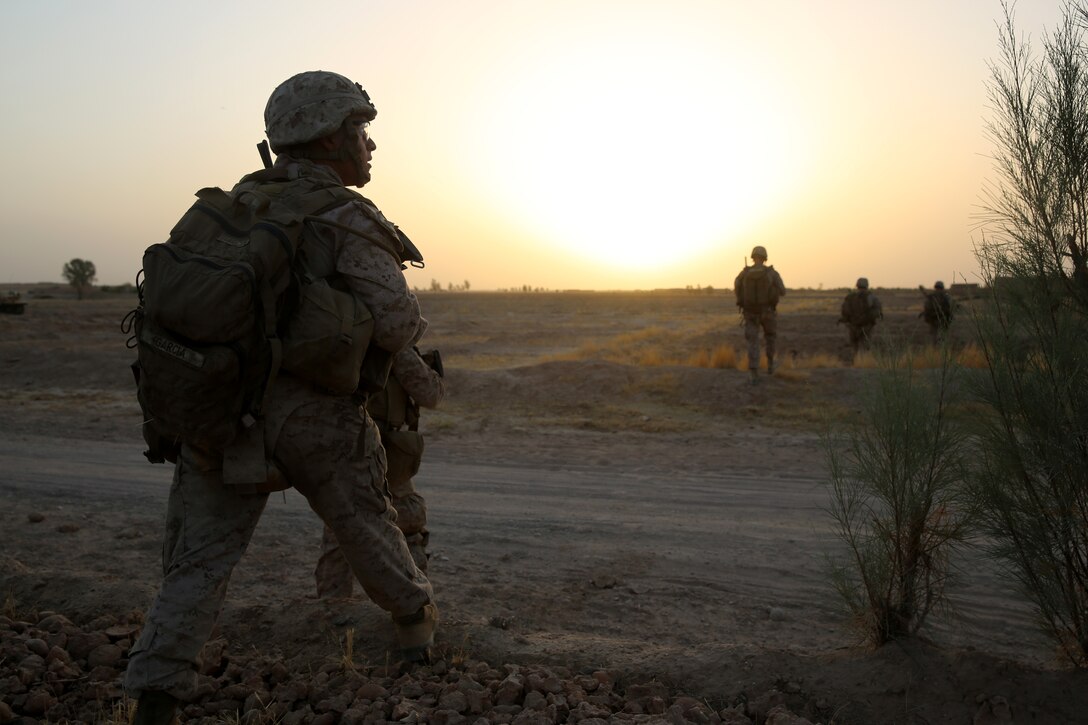 U.S. Marine Cpl. Eric Garcia scans the surrounding area while patrolling in Helmand province, Afghanistan, July 5, 2014. Garcia is a squad leader assigned to Bravo Company, 1st Battalion, 7th Marine Regiment.