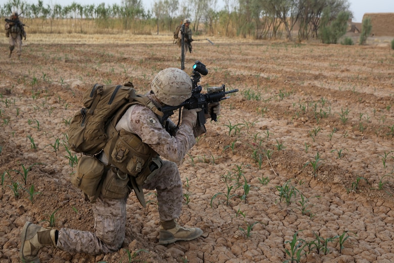 Sergeant Chris Pate, squad leader, Bravo Company, 1st Battalion, 7th Marine Regiment, scans the surrounding area with his rifle optic during a mission in Helmand province, Afghanistan, July 4, 2014. Pate, a native of Beaufort, S.C., and the company operated in Gereshk for three days and were involved in numerous kinetic engagements with Taliban insurgents.
(U.S. Marine Corps photo by Cpl. Joseph Scanlan / released)
