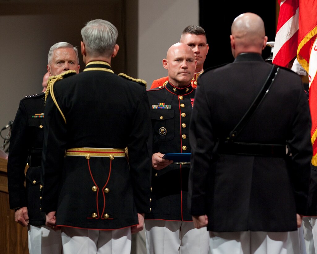 Sgt. Maj. Micheal P. Barrett, the 17th Sergeant Major of the Marine Corps, attends the U.S. Marine Corps Band concert and retirement ceremony for Col. Michael J. Colburn, at Northern Virginia Community College, Alexandria Va., on July 12, 2014. (U.S. Marine Corps photo by Lance Cpl. Samantha K. Draughon/ Released)