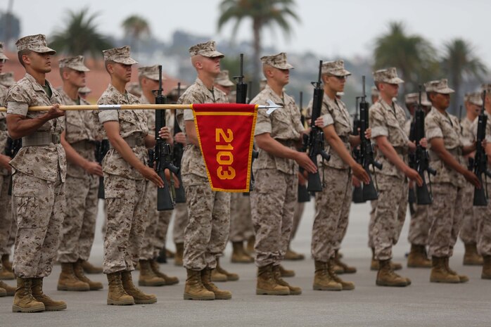 Recruits of Platoon 2103, Echo Company, 2nd Recruit Training Battalion, execute the Present Arms drill movement during Final Drill aboard Marine Corps Recruit Depot San Diego, Calif., June 30. Platoons perform drill movements in formation and while marching during Final Drill.